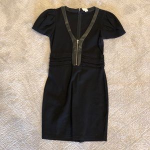 Parker black dress with leather v neck and zipper